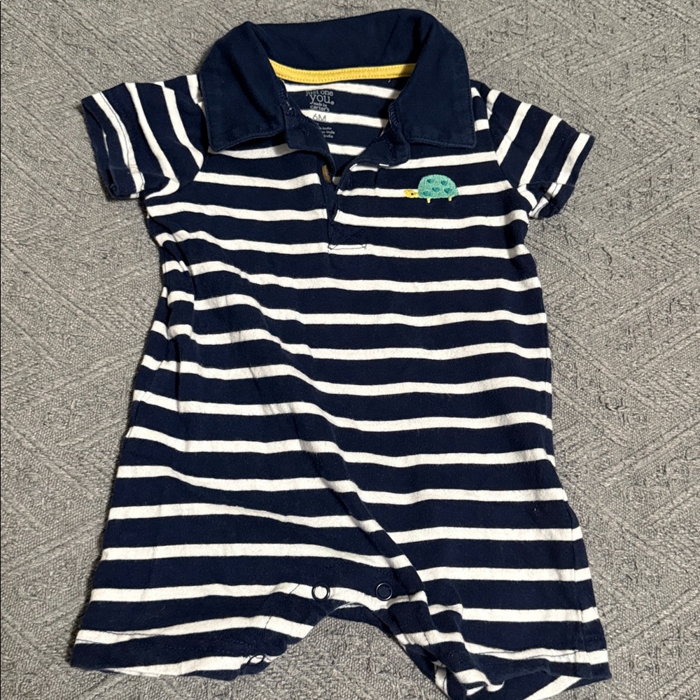 Striped Navy & White Polo Romper with Turtle Accent